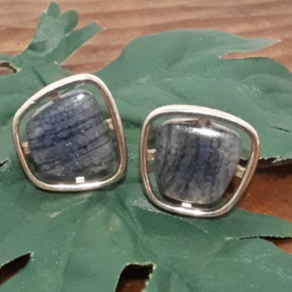 Vintage Hickok Cufflinks Blue Grey Glass Mid Century Vintage Gold Tone - Picture 1 of 5